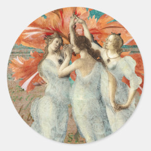 Three Lovely Ladies Vintage Digital Art Classic Round Sticker