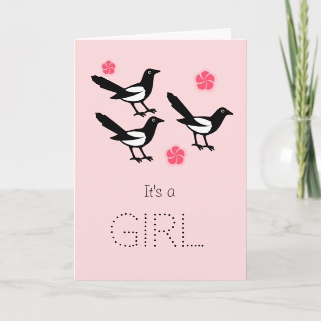 Three magpies baby it's a girl new baby card (Front)