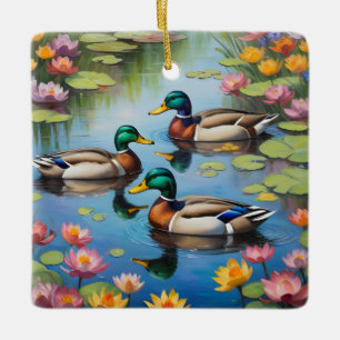 Three mallard ducks ceramic ornament