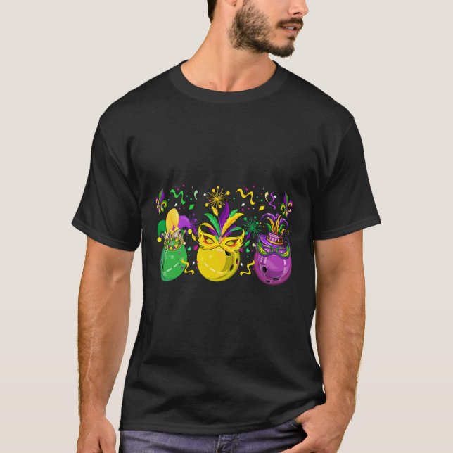 Three Mardi Gras Bowling Masked Jester Hats Parade T-Shirt (Front)
