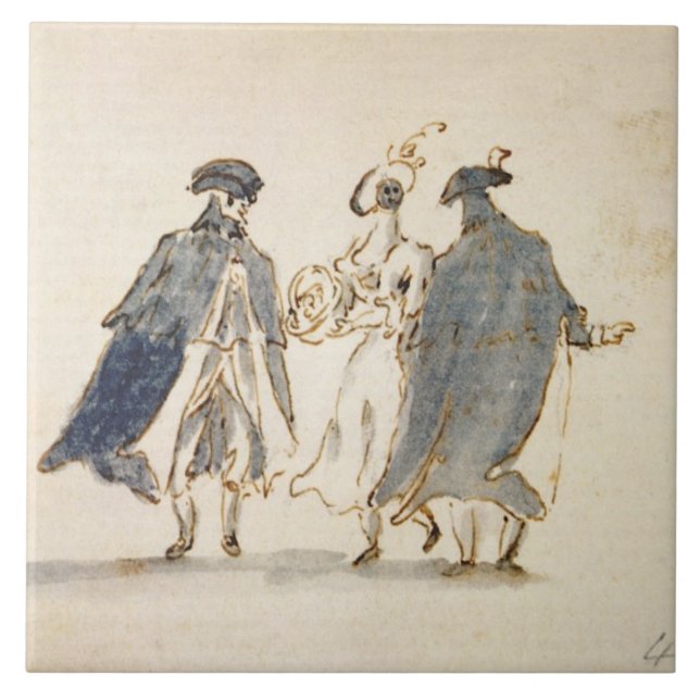 Three Masked Figures in Carnival Costume (pen & in Ceramic Tile (Front)
