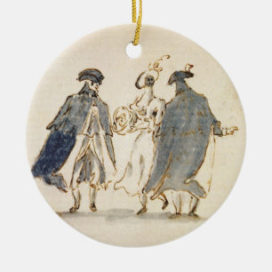 Three Masked Figures in Carnival Costume (pen & in Ceramic Tree Decoration