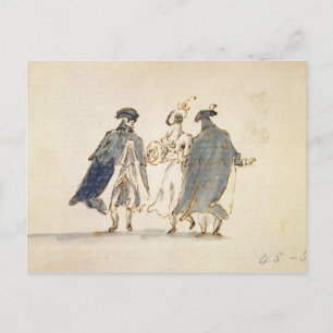 Three Masked Figures in Carnival Costume (pen & in Postcard