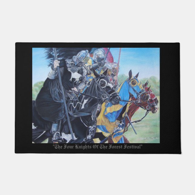 three mediaeval knights jousting on horses doormat (Front)
