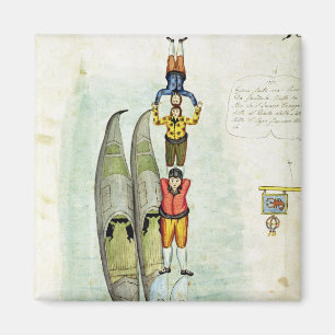 Three men balancing on two gondolas, 1772 magnet