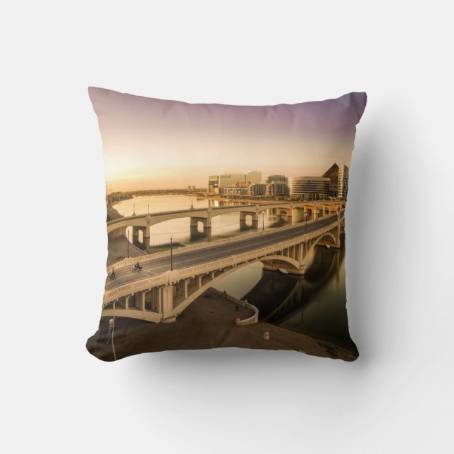 THREE MEN ON MOTORCYCLES CROSSING BRIDGE CUSHION (Front)