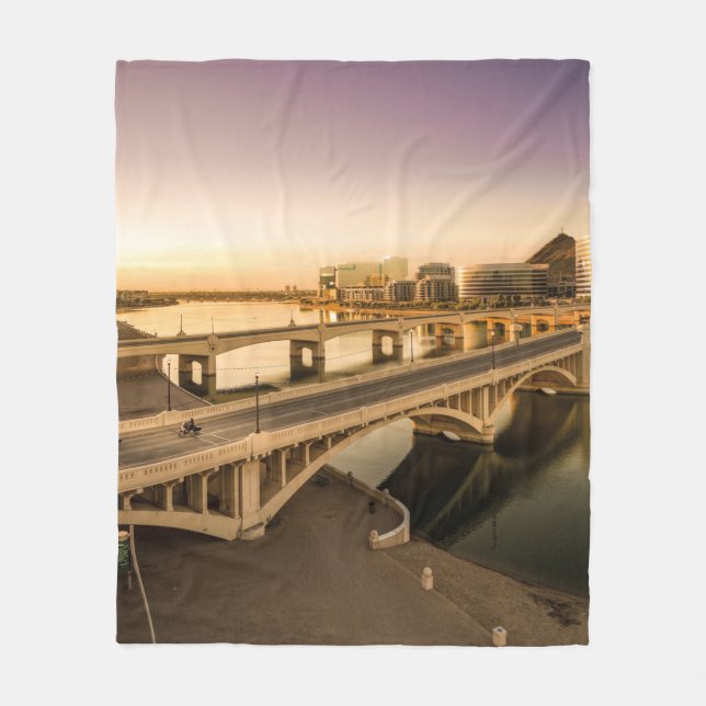THREE MEN ON MOTORCYCLES CROSSING BRIDGE FLEECE BLANKET (Front)
