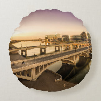 THREE MEN ON MOTORCYCLES CROSSING BRIDGE ROUND CUSHION