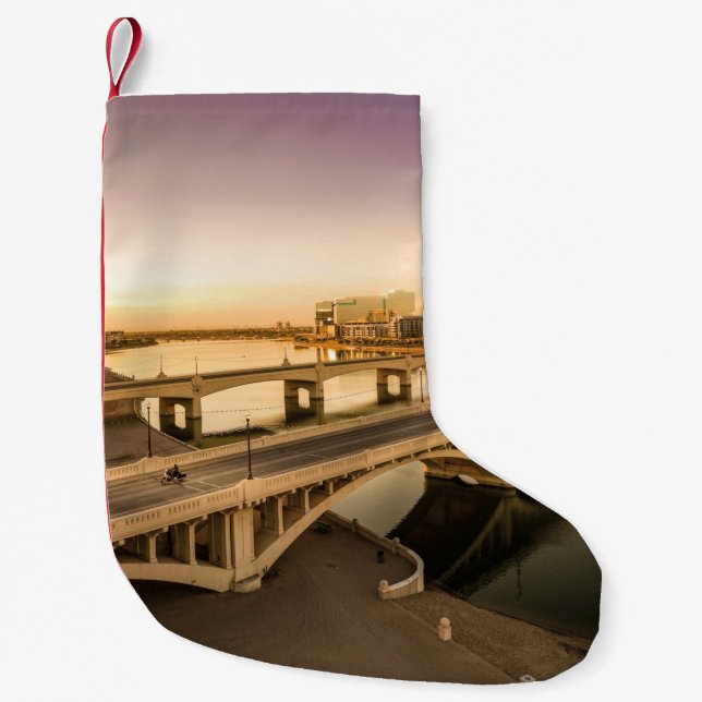 THREE MEN ON MOTORCYCLES CROSSING BRIDGE SMALL CHRISTMAS STOCKING (Front)