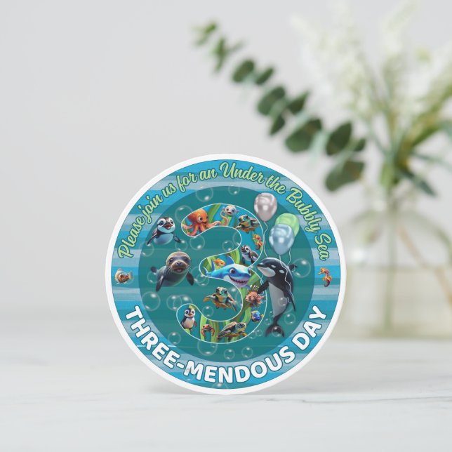 Three-mendous Day Round Birthday Invites (Standing Front)