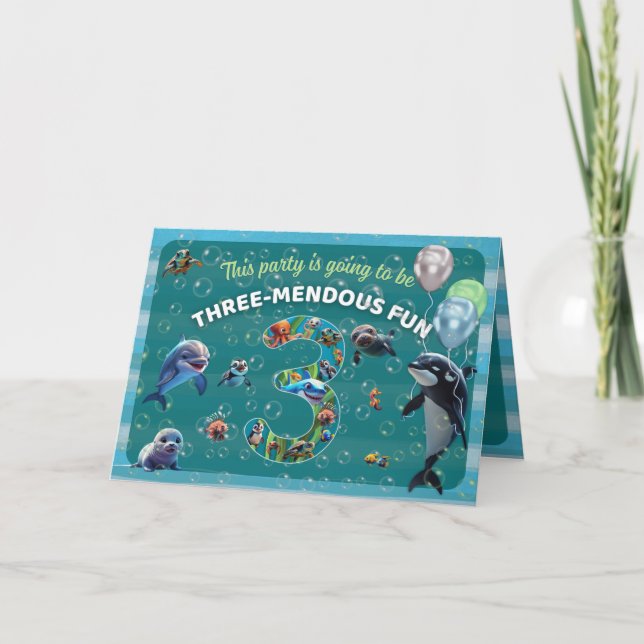 Three-mendous Party Folded Horizontal Invitation (Front)