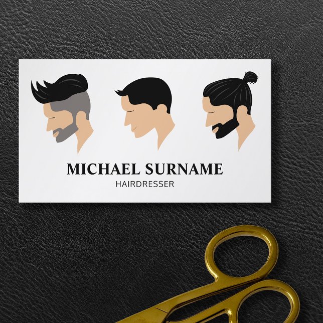 Three Men's Hair Styles Drawing Hairdresser Barber Business Card (Ideal business card for hairdressers and barbers featuring three illustrated men's hairstyles.)