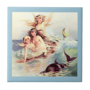 Three Mermaids with Dolphin Ceramic Tile