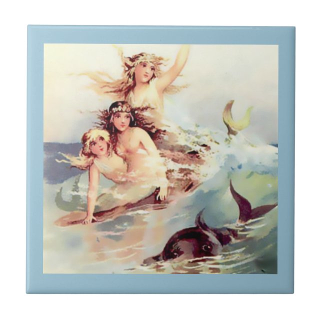 Three Mermaids with Dolphin Ceramic Tile (Front)
