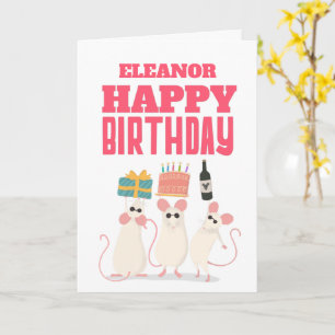 Three Mice Adult Name Happy Birthday Card