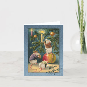 Three Mice Decorate Tree Christmas Card