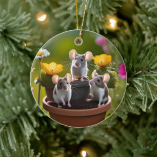 Three Mice In Flower Pots, Ceramic Ornament