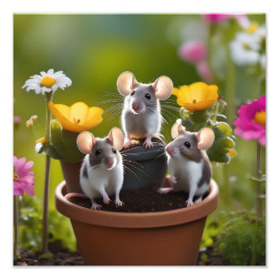 Three Mice In Flower Pots, Photo Print