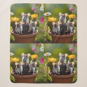 Three Mice In Flower Pots, Sherpa Blanket