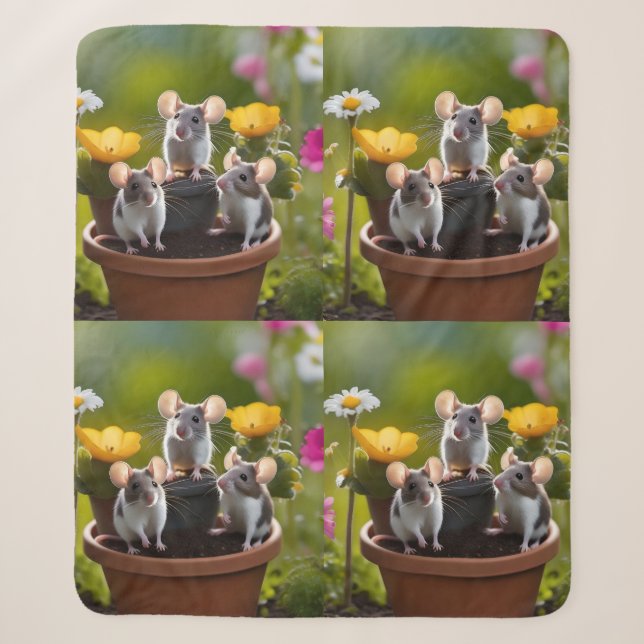 Three Mice In Flower Pots, Sherpa Blanket (Front)