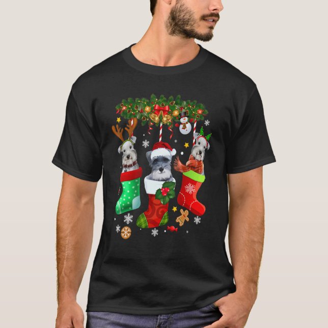 Three Miniature Schnauzer Dog In Sock Christmas Sa T-Shirt (Front)