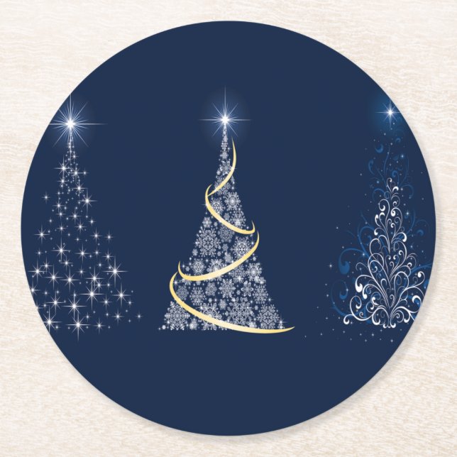 Three Modern Art Christmas Trees on Blue Round Paper Coaster (Front)