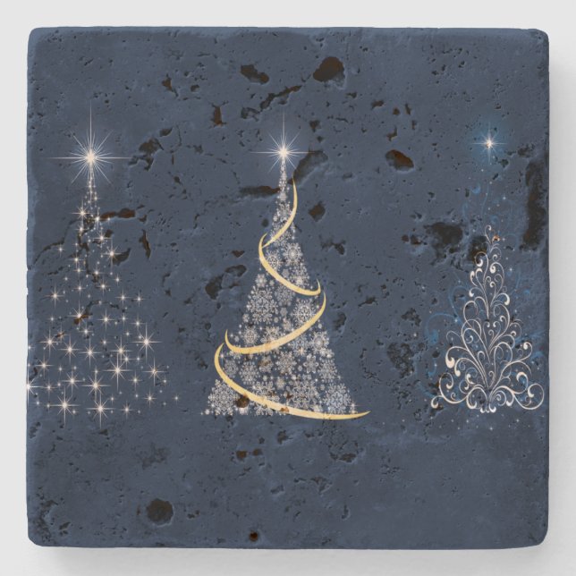 Three Modern Art Christmas Trees on Blue Stone Coaster (Front)