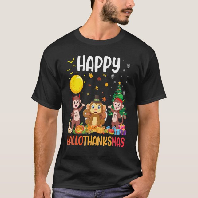 Three Monkey Dabbing Dancing Together Happy Hallot T-Shirt (Front)