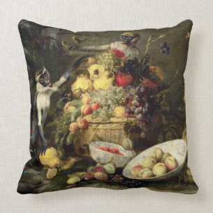 Three Monkeys Stealing Fruit (oil on canvas) Cushion