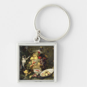 Three Monkeys Stealing Fruit (oil on canvas) Key Ring