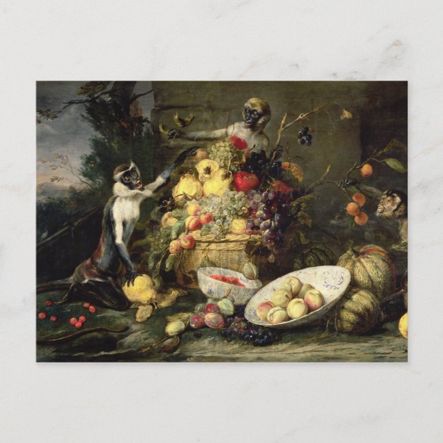 Three Monkeys Stealing Fruit (oil on canvas) Postcard (Front)