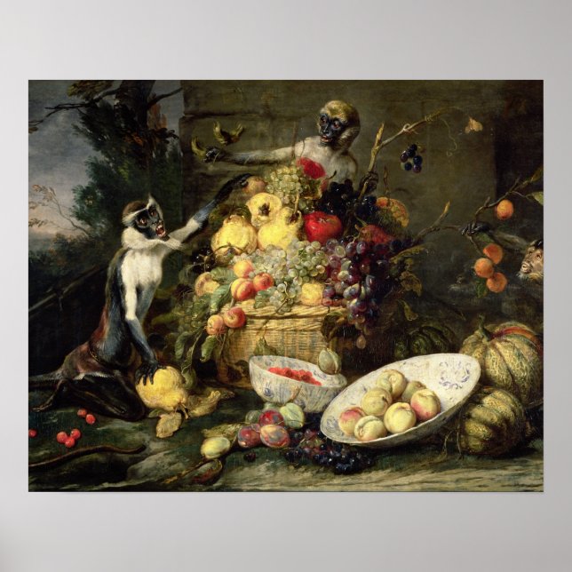 Three Monkeys Stealing Fruit (oil on canvas) Poster (Front)