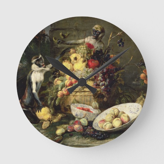 Three Monkeys Stealing Fruit (oil on canvas) Round Clock (Front)