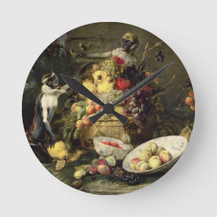 Three Monkeys Stealing Fruit (oil on canvas) Round Clock