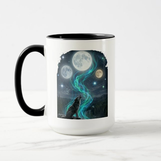Three Moon Wolf Aurora - Mystic Night Sky Mug (Left)