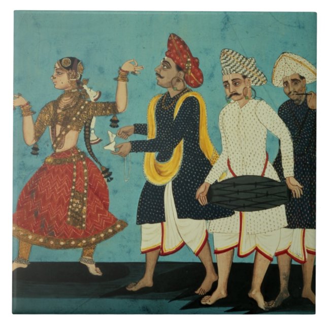 Three musicians and a dancing girl, Tanjore, Tamil Ceramic Tile (Front)
