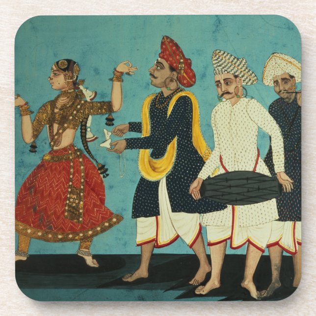 Three musicians and a dancing girl, Tanjore, Tamil Coaster (Front)