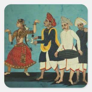 Three musicians and a dancing girl, Tanjore, Tamil Square Sticker