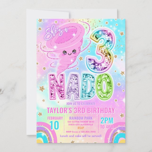 Three Nado Rainbow Glitter 3rd Birthday Party  Invitation (Front)