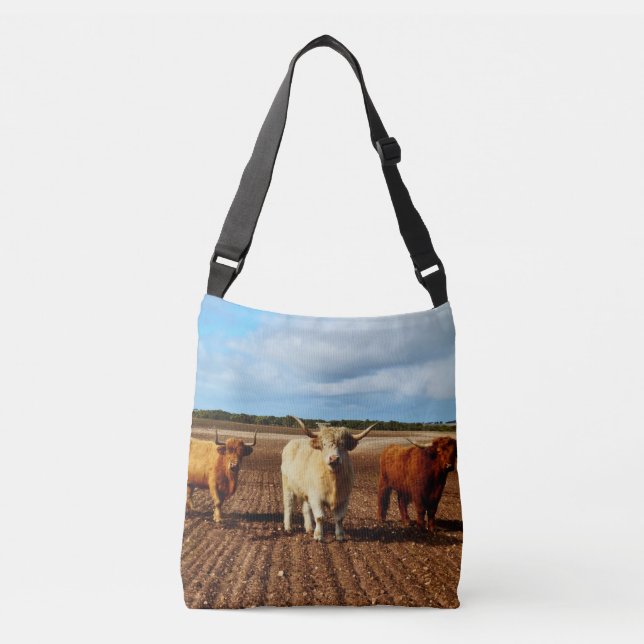 Three Naughty Highland Cows, Unisex Crossbody Bag. Bag (Front)