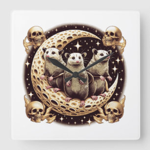 Three Opposum Moon With 3 Possums And Dead Moon Square Wall Clock