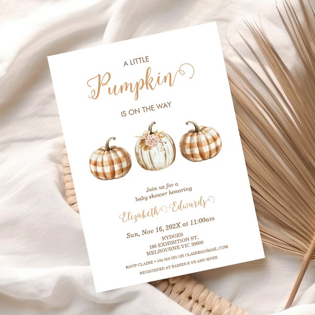 Three Orange Plaid Little Pumpkin Baby Shower  Invitation (A little Pumpkin In On The Way Baby Shower Invitation Template, Fall Baby Shower Invite Printable, )