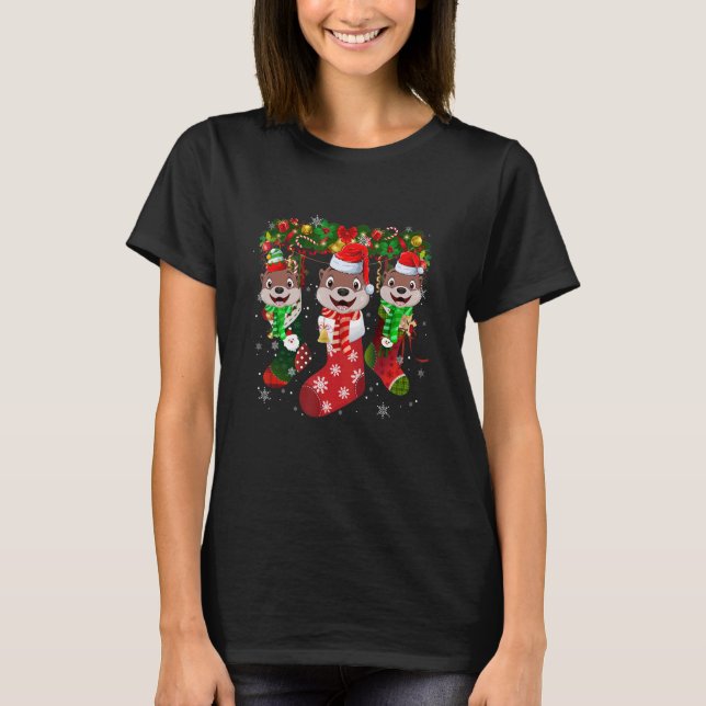 Three Otter In Socks Christmas Santa Hat   T-Shirt (Front)