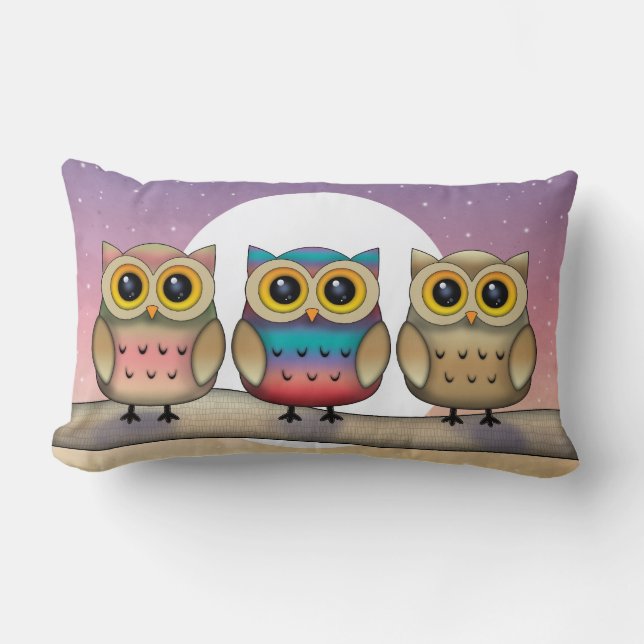 Three Owl and a Moon Cute Throw Pillow (Front)