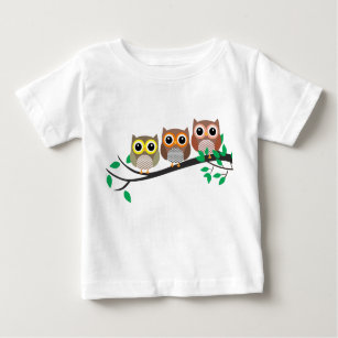 Three Owls on a Tree Branch cute drawing Baby T-Shirt