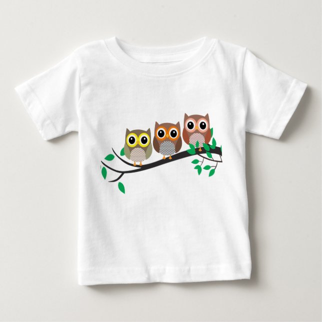 Three Owls on a Tree Branch cute drawing Baby T-Shirt (Front)