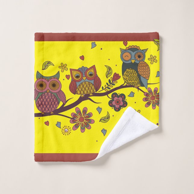 Three owls on branch bath towel set (Wash Cloth)