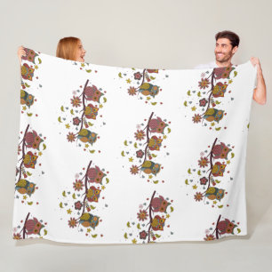 Three owls on branch fleece blanket