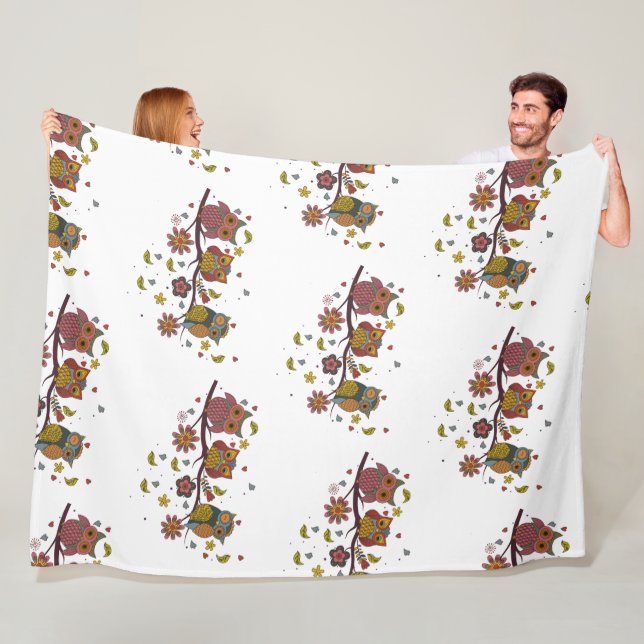 Three owls on branch fleece blanket (In Situ)