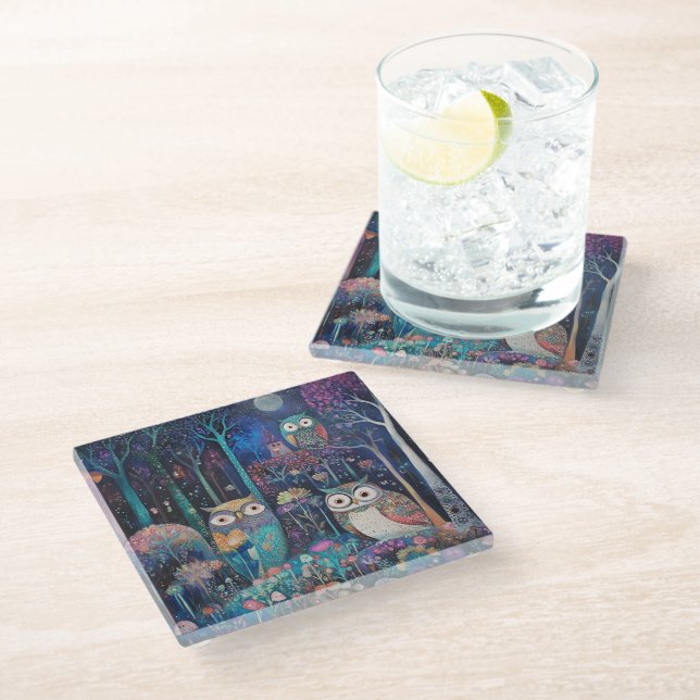 Three Owls Under the Full Moon Glass Coaster (Angled)